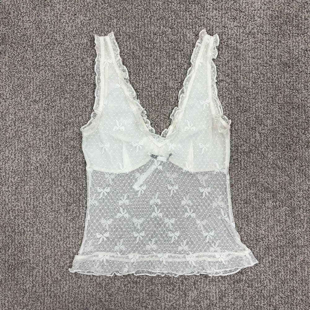 Kimchi Blue Babydoll Top Womens Small White Lace Sheer Cami Bow Coquette Tank - Picture 2 of 5